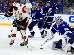 Brady Tkachuk of the Ottawa Senators scores a goal on Andrei Vasilevskiy of the Tampa Bay Lightning at Amalie Arena on Saturday, Nov. 10, 2018.