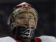 Craig Anderson #41 of the Ottawa Senators takes a break during the second period against the New York Rangers at Madison Square Garden on November 26, 2018 in New York City.