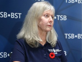 Beverley Harvey of the Transportation Safety Board of Canada gives a briefing on its investigation into the Nov. 4 mid-air collision near the Carp Airport. Jean Levac/Postmedia