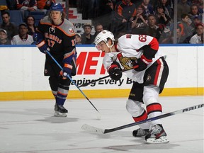 Erik Karlsson scores his second goal of the period at 14:03 against the New York Islanders at the Nassau Veterans Memorial Coliseum on February 20, 2012 in Uniondale, New York.