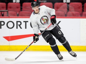 Ottawa Senators' Drake Batherson does a drill during morning skate on Thursday. (WAYNE CUDDINGTON/Ottawa Sun)