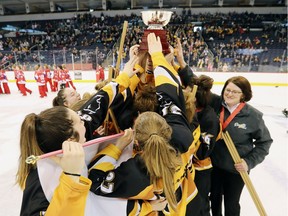 Team Manitoba celebrates after defeating Calgary Surge 3-1 to claim the gold medal in the U16 category of the 2018 Canadian championships at Winnipeg on April 14. Brook Jones/Postmedia