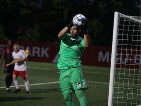Ottawa Fury FC goalkeeper Maxime Crépeau catches the ball during a United Soccer League match against the host New York Red Bulls II on Friday, Aug. 31, 2018.