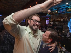 Shawn Menard celebrates his victory at Banditos restaurant after ousting Capital ward (Ward 17) incumbent David Chernushenko in the 2018 Ottawa municipal election Monday, October 22, 2018.