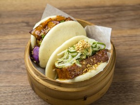 Tofu belly bao (R) and 'Racha glazed TVP bao at Gongfu Bao restaurant.