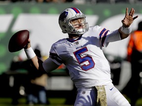 Buffalo Bills quarterback Matt Barkley (5) throws during the first quarter of an NFL football game, Sunday, Nov. 11, 2018, in East Rutherford, N.J. (AP Photo/Seth Wenig)
