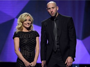 Nicholle and Craig Anderson 
 present the Bill Masterton Memorial Trophy at the 2018 NHL Awards in Las Vegas during June.