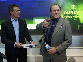 Terry Booth, CEO of Aurora Cannabis Inc., right, and Cam Battley, chief corporate officer of Aurora Cannabis.