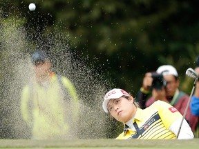 Ariya Jutanugarn of Thailand hits out from a bunker on the 18th green during the first round of the TOTO Japan Classic at Seta Golf Course on Nov. 2, 2018 in Otsu, Shiga, Japan.