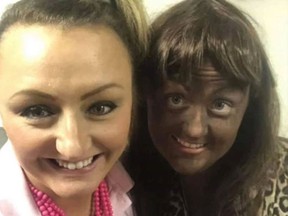 Iowa teacher Megan Luloff, right, is being investigated by her local school district after photos of her in blackface for a Halloween party sparked criticism. (Twitter screengrab)