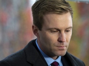 New Brunswick Liberal Leader Brian Gallant answers questions from the media after meeting with Lieutenant Governor of New Brunswick Jocelyne Roy-Vienneau at Government House in Fredericton on Nov. 2, 2018.