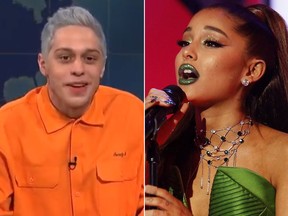 Pete Davidson and Ariana Grande. (YouTube screengrab and Eric Liebowitz/NBC via AP photo)