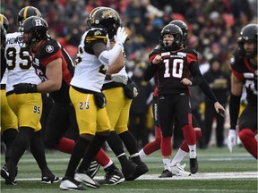 Redblacks kicker Lewis Ward (10) reacts after making a field goal during the first half of last Sunday's East final against the Tiger-Cats.