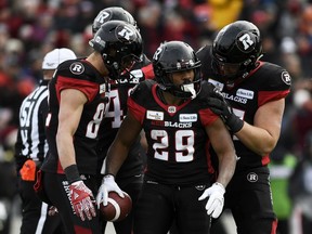 Ottawa Redblacks William Powell (29) is congratulated by teammates following the conversion during first half CFL East Division Final action against the Hamilton Tiger-Cats, in Ottawa on Sunday, Nov. 18, 2018.