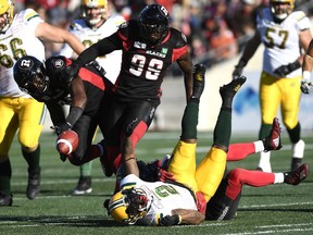 The Redblacks have decided against dressing their sacks leader, A.C. Leonard (99), for the East final.