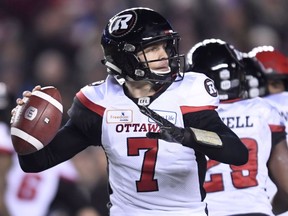 Ottawa Redblacks quarterback Trevor Harris (7) prepares to throw the ball during the first half of the 106th Grey Cup against the Calgary Stampeders at Commonwealth Stadium in Edmonton, Sunday, November 25, 2018.