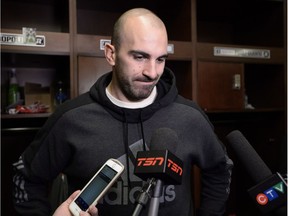 Redblacks receiver Brad Sinopoli speaks to reporters in the locker room at TD Place stadium on Tuesday.