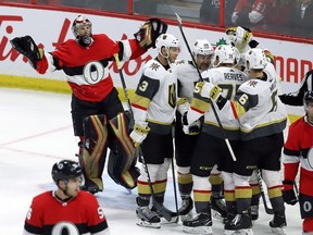 Ottawa Senators goaltender Craig Anderson (41) reacts as he claims goaltender interference after Vegas Golden Knights center Pierre-Edouard Bellemare (41) during third period NHL hockey action in Ottawa on Thursday November 8, 2018.