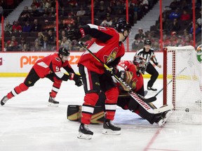A shot by Panthers right-winger Evgenii Dadonov finds its way behind Senators goaltender Craig Anderson during the first period of Monday's game at Canadian Tire Centre.