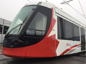 A new Alstom Citadis Spirit train at the Ottawa  LRT maintenance and storage facility on Belfast Road.