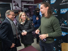 San Jose Shark Erik Karlsson, seen here with some Ottawa members of the media, held a press conference after he practiced at the University of Ottawa athletic facility in advance of his first game against his old team, the Ottawa Senators, at Canadian Tire Centre on Saturday.