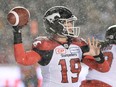 Calgary Stampeders quarterback Bo Levi Mitchell passes against the Toronto Argonauts during first half of the 105th Grey Cup on Sunday, Nov. 26, 2017 in Ottawa.