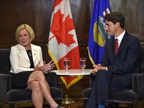 Alberta Premier Rachel Notley meets with Prime Minister Justin Trudeau at the Fairmont Hotel Macdonald in Edmonton, Sept. 5, 2018.