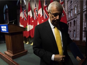 Ontario Finance Minister Vic Fedeli, leaves after speaking to the media following the tabling in the Legislature of the 2018 Ontario Economic Outlook and Fiscal Review at Queen's Park. The province has announced that it will roll the positions of three independent officers — the environmental commissioner, the child advocate and the French language services commissioner — into the offices of the auditor general and the provincial ombudsman as part of its cost-cutting measures.