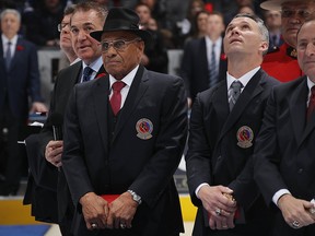 Hall of Fame inductee Willie O'Ree is honoured prior to the 2018 Hockey Hall of Fame Legends Classic Game at the Air Canada Centre on Nov. 11, 2018 in Toronto.