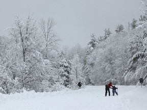 Files: A mother  and child cross country skii in Gatineau Park.