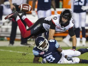 Redblacks, Antoine Pruneau, breaking up a pass against the Argos, feels his team’s success over the first five years of its existence is rare.                              Ernest Doroszuk/Postmedia Network