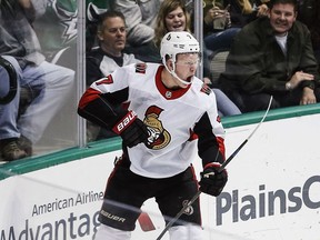 Ottawa Senators forward Brady Tkachuk celebrates scoring a goal during the second period of an NHL hockey game against the Dallas Stars, Friday, Nov. 23, 2018, in Dallas.