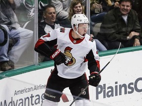 Ottawa Senators forward Brady Tkachuk (7) celebrates scoring a goal during the second period of an NHL hockey game against the Dallas Stars, Friday, Nov. 23, 2018, in Dallas.