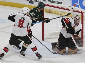 Ottawa Senators goalie Craig Anderson stops the puck during the first period against the Minnesota Wild on Wednesday, Nov. 21, 2018, in St. Paul, Minn.