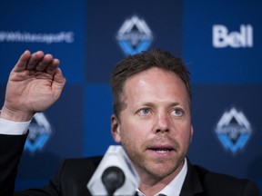Vancouver Whitecaps new head coach Marc Dos Santos addresses a news conference in Vancouver on Wednesday, Nov. 7, 2018.