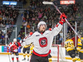 67's Tye Felhaber, celebrates after his first goal in Wednesday's school day game.
