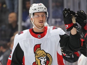 Thomas Chabot celebrates a goal against the Toronto Maple Leafs.