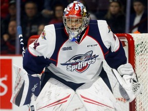 Goaltender Michael DiPietro of the Windsor Spitfires watches the play develop during a game against the Sarnia Sting on November 3, 2018.