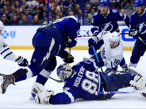 Tampa Bay Lightning goalie Andrei Vasilevskiy stops a shot from Andreas Johnsson #18 of the Toronto Maple Leafs during a game at Amalie Arena on Dec. 13, 2018 in Tampa, Florida. (Mike Ehrmann/Getty Images)
