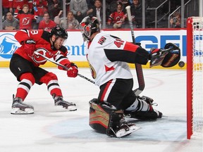 Taylor Hall of the New Jersey Devils scores his second goal of the second period against Craig Anderson of the Ottawa Senators at the Prudential Center on Friday, Dec. 21, 2018 in Newark, N.J. Hall had a four-point game.