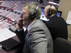 Hockey Night in Canada announcers Garry Galley, left, and Bob Cole