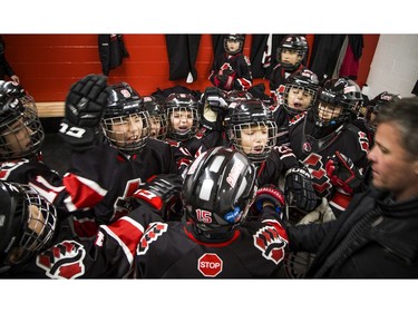 The Major Atom AAA Philadelphia Little Flyers played the Nepean Raiders at the Bell Sensplex Saturday December 29, 2018, part of the Bell Capital Cup. The Nepean Raiders rally together before heading out to the ice.
