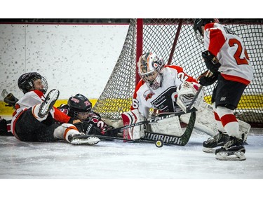 The Major Atom AAA Philadelphia Little Flyers played the Nepean Raiders at the Bell Sensplex Saturday December 29, 2018, part of the Bell Capital Cup. Philadelphia Little Flyers goalie Grant Gale makes a save.