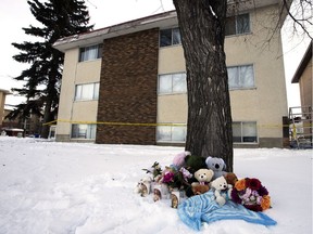 A memorial for two children outside an apartment building at 7920 71 Street, in Edmonton on Friday Dec. 7, 2018. Photo by David Bloom