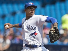 Toronto Blue Jays starting pitcher Marcus Stroman throws against the Tampa Bay Rays in the first inning of their American League MLB baseball game in Toronto on Sunday August 12, 2018.