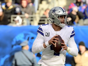 Dallas Cowboys quarterback Dak Prescott completed 27 of 44 passes for 387 yards against the Giants. (Getty Images)