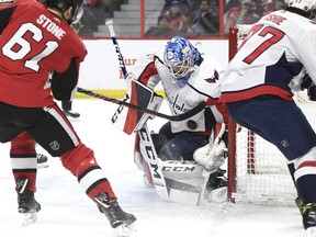 Washington Capitals goaltender Pheonix Copley makes a save in front of Ottawa Senators right-winger Mark Stone in the second period at the CTC on Saturday, Dec. 22, 2018. Copley made 35 saves in recording the shutout.
