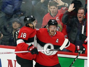 Senators’ Ryan Dzingel (left) and Mark Stone are eligible to become free agents this summer along with teammate Matt Duchene. It means some difficult decisions must be made ahead of the Feb. 25 trade deadline. (CP FILE)