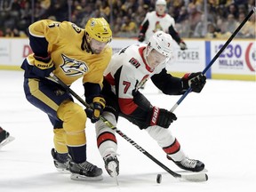The Ottawa Senators' Brady Tkachuk had a couple of near misses in Nashville on Tuesday night, but he has now gone seven straight games without a point.