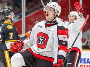 The Ottawa 67's Austen Keating celebrates a goal in November.